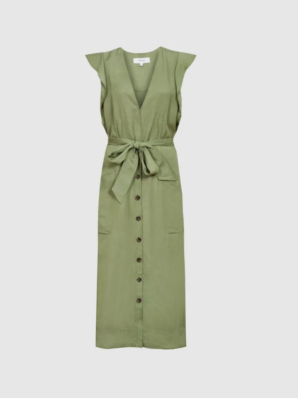 NWT Reiss Olive Green Emma Plunge Frill Shoulder Dress Size 10 Khaki
